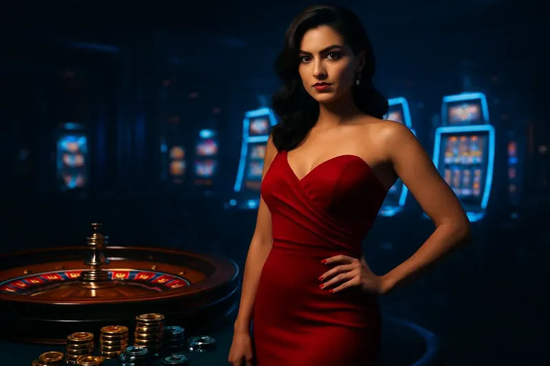 Beautiful woman in red dress posing near roulette and slot machines with gold coins and poker chips in a luxury Bangladeshi casino setting