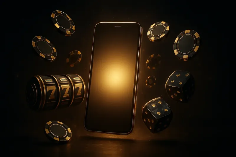 Glowing smartphone with casino chips, slot reels, and dice on dark gold background